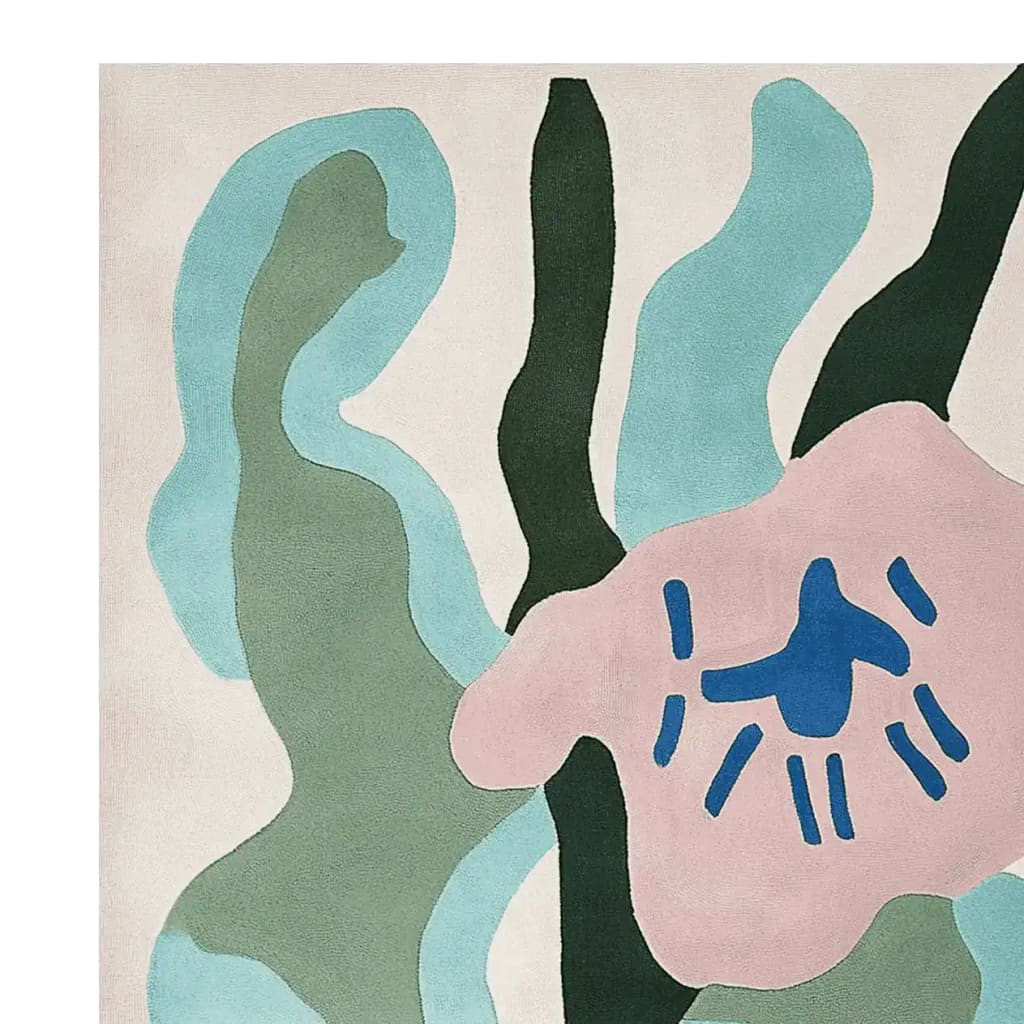 A vibrant, hand-tufted area rug featuring an abstract design with swirling patterns in shades of green, blue, and pink. This contemporary wool rug is perfect for adding a touch of modern elegance to large living rooms, showcasing artistic flair and creativity.