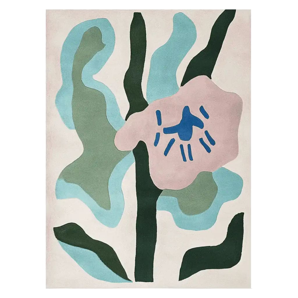Top view of the Foliage in Bloom Hand Tufted Area Rug showcasing an abstract floral design with soft pastel colors, ideal for large living rooms. This contemporary wool rug adds a vibrant touch to any space, perfect for those seeking stylish rugs for their living room.