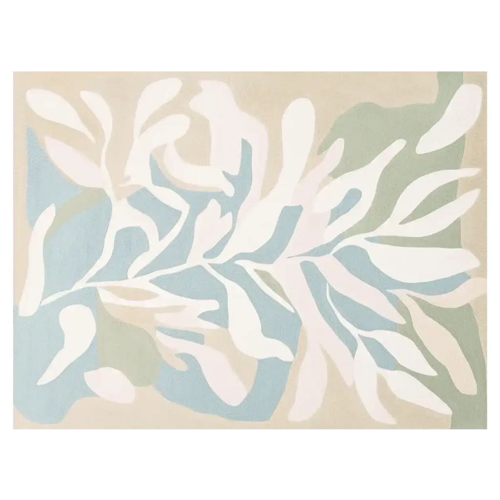 Top view of the Foliage Mirage Garden Hand Tufted Area Rug, showcasing an abstract design with soft, flowing leaf patterns in shades of blue, green, and beige. This contemporary wool rug is ideal for large living rooms, measuring 8x10, and adds a modern touch to any space.