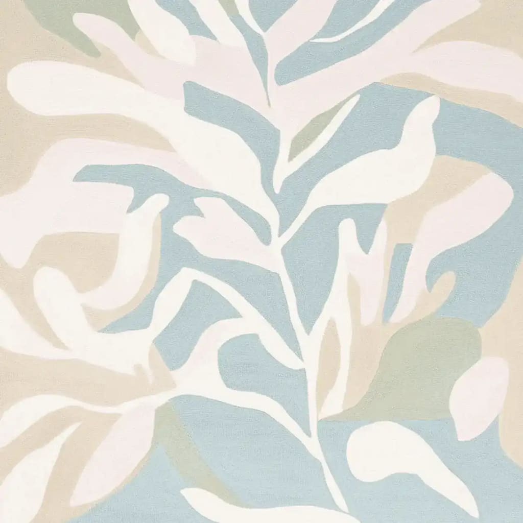 The Foliage Mirage Garden Hand Tufted Rug showcases a stunning abstract design with soft pastel hues, perfect for adding a touch of elegance to any space. This large living room rug, crafted from high-quality wool, blends contemporary style with comfort. Ideal for those seeking an 8x10 area rug to enhance their decor.