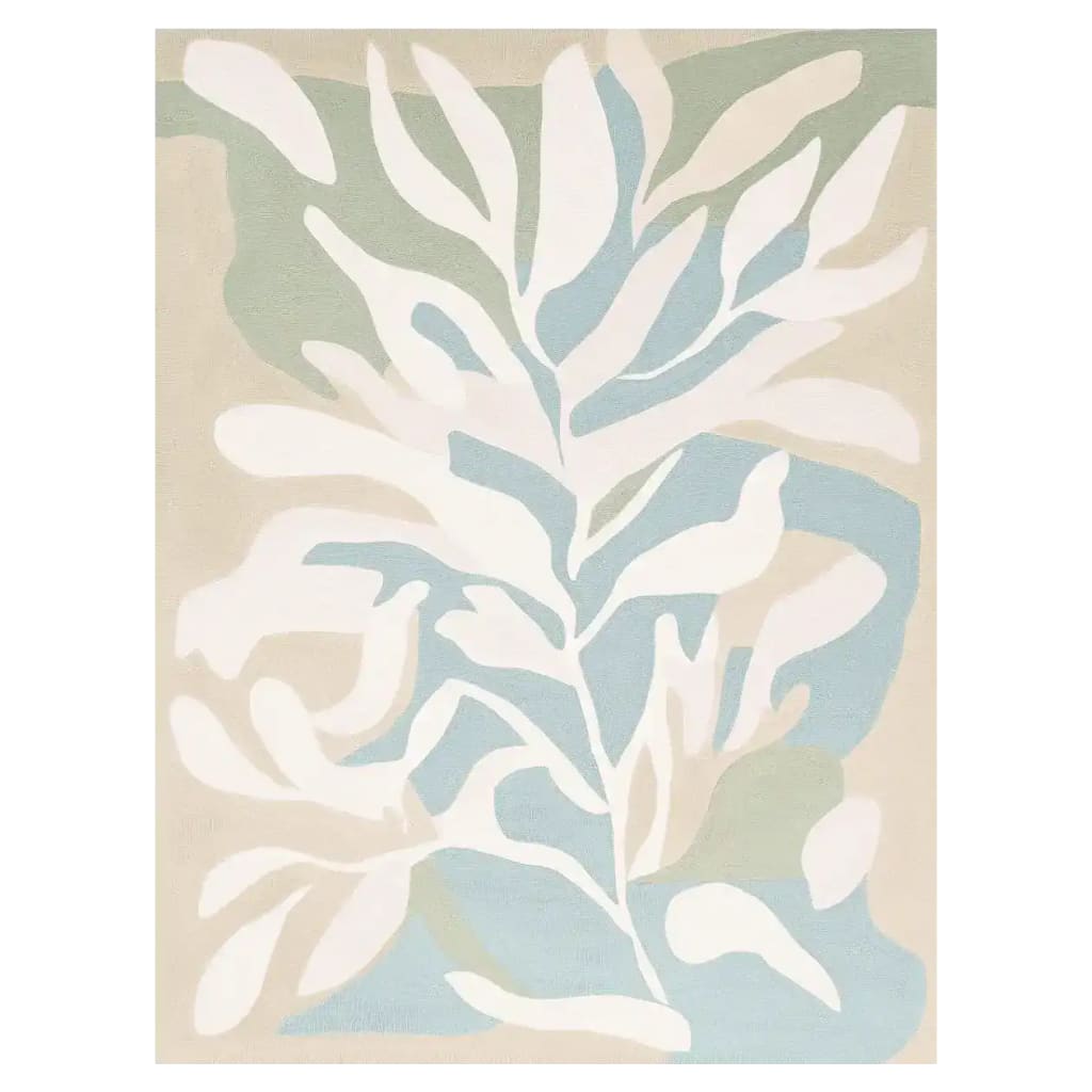 Foliage Mirage Garden Hand Tufted Area Rug featuring an abstract leaf pattern in soothing shades of beige, blue, and white, perfect for adding a touch of contemporary style to your large living room. This wool rug, measuring 8x10, combines elegance and comfort, making it an ideal choice for those seeking modern living room rugs.