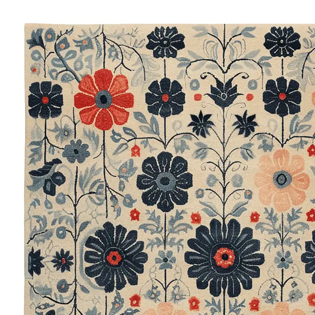 Vibrant floral design on a hand-tufted area rug, featuring bold red and navy blue flowers with intricate foliage patterns. This wool rug is perfect for adding a touch of elegance to large living room spaces.
