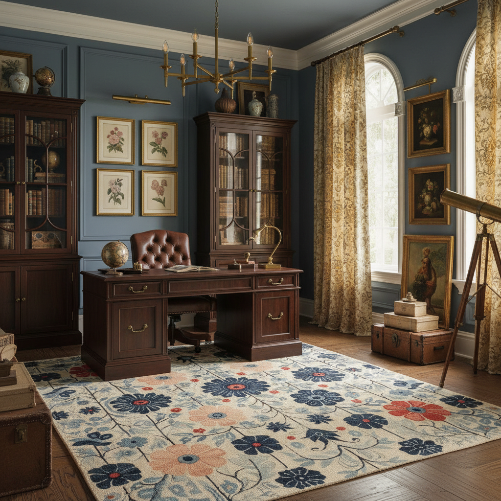 Stylish interior with a wooden desk, bookshelves, and decorative elements in a room with floral rug.