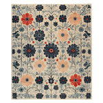 Top view of the Folk Bloom Tapestry Hand Tufted Area Rug, showcasing a vibrant floral pattern in rich hues. This wool rug is perfect for adding a touch of nature to your living room. Ideal for those seeking large living room rugs with a floral design.