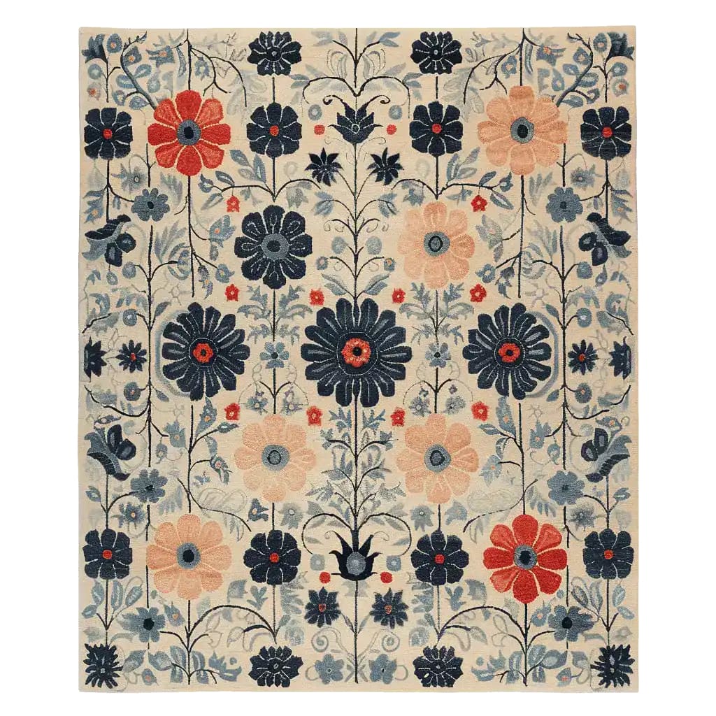 Top view of the Folk Bloom Tapestry Hand Tufted Area Rug, showcasing a vibrant floral pattern in rich hues. This wool rug is perfect for adding a touch of nature to your living room. Ideal for those seeking large living room rugs with a floral design.