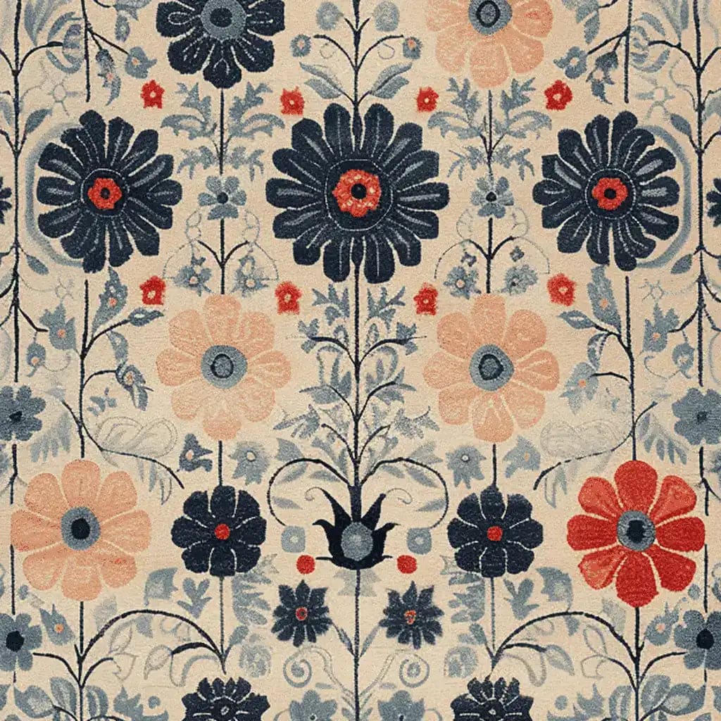 A beautifully detailed area rug featuring a vibrant floral pattern. This hand-tufted wool rug showcases a harmonious blend of red, blue, and beige flowers, making it an ideal choice for large living room area rugs. The intricate design of this floral rug adds a touch of elegance and warmth to any living space.