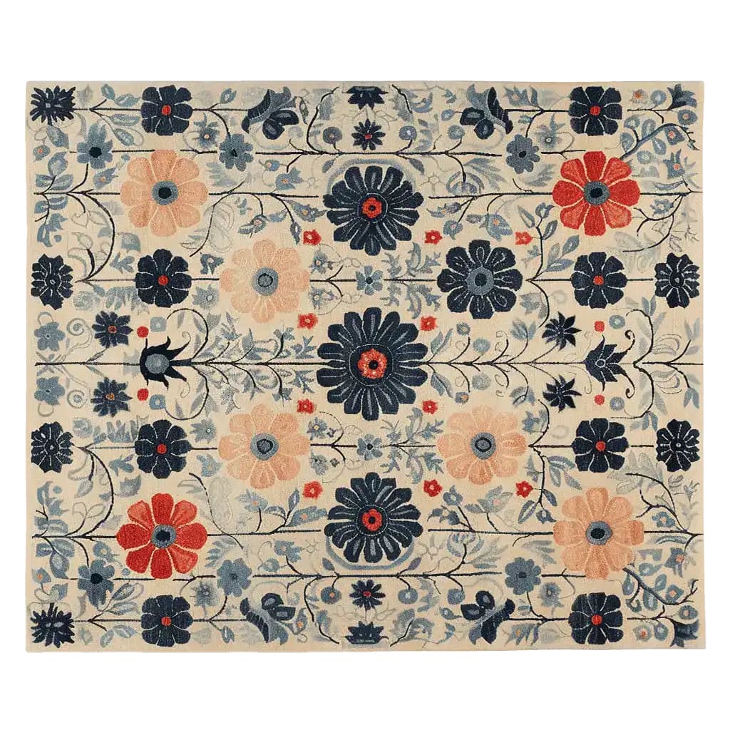 The Folk Bloom Tapestry Hand Tufted Rug showcases an intricate floral design with vibrant colors, ideal for adding a touch of elegance to your living room. This wool rug features large, detailed flowers in shades of blue, red, and beige, making it a standout piece among living room area rugs. Perfect as a large living room rug, its intricate floral pattern brings warmth and style.