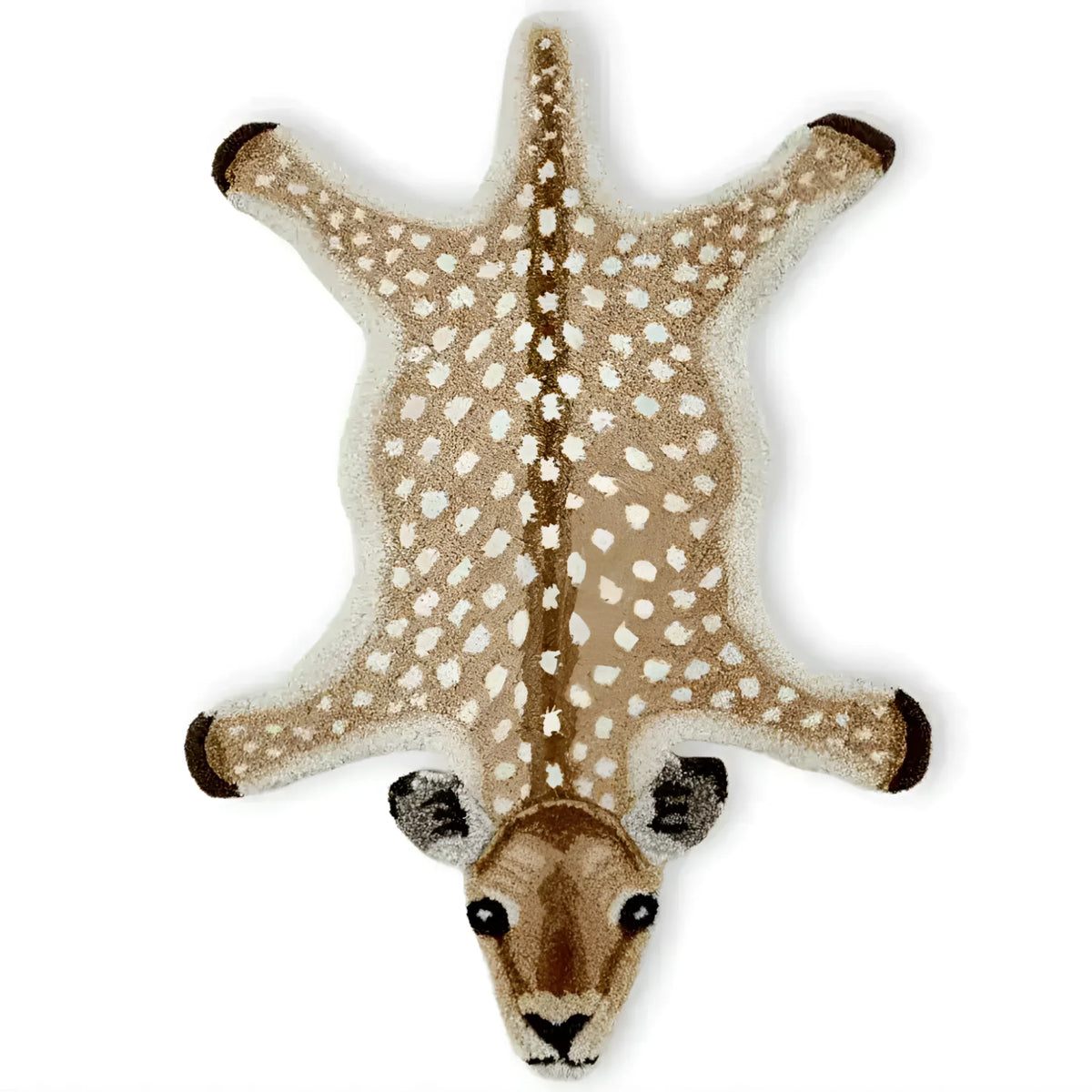 Charming hand-tufted wool rug designed to resemble a deer, perfect for adding a whimsical touch to large living room spaces. This area rug, ideal for a cozy living room atmosphere, combines unique design with the softness of wool.