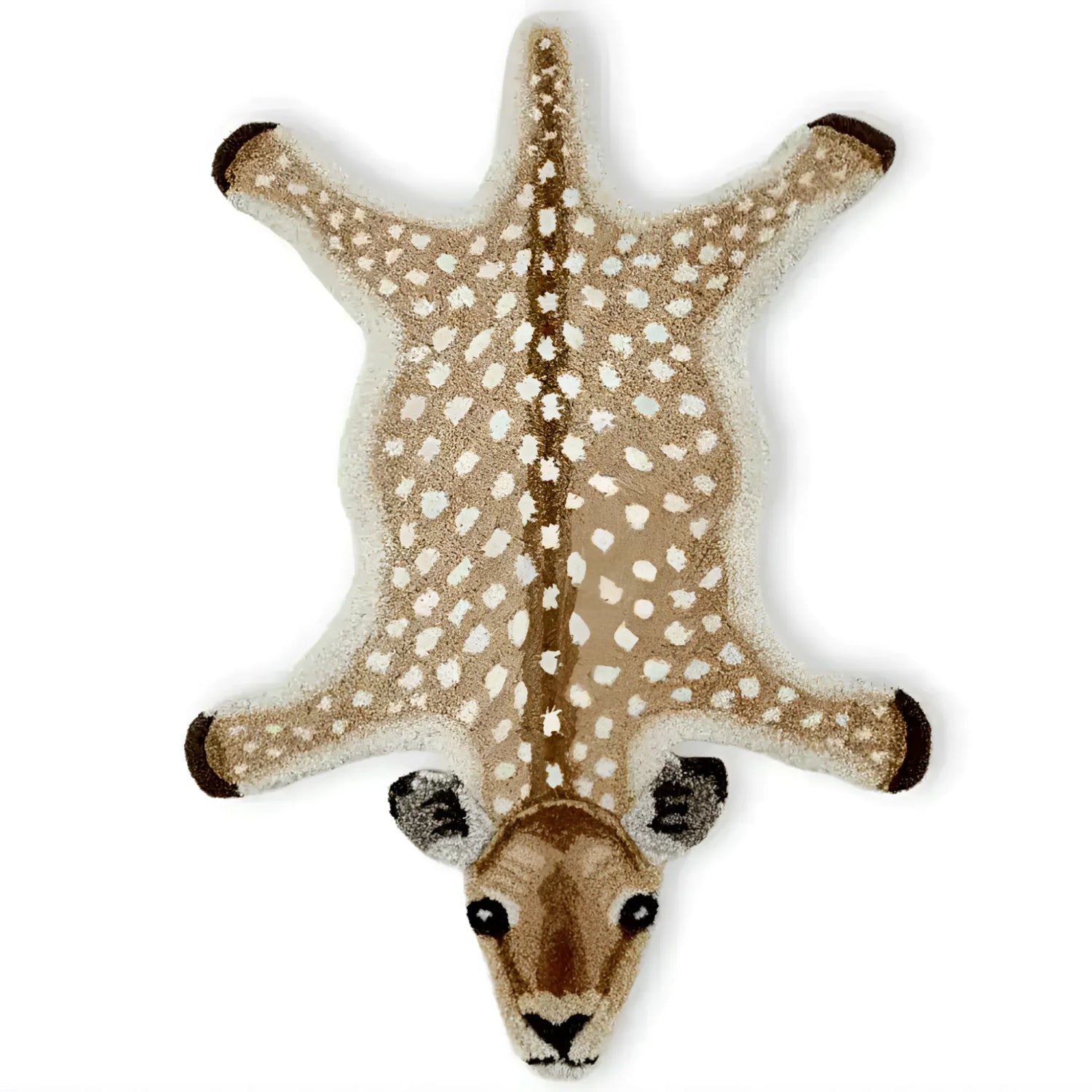 Charming hand-tufted wool rug designed to resemble a deer, perfect for adding a whimsical touch to large living room spaces. This area rug, ideal for a cozy living room atmosphere, combines unique design with the softness of wool.