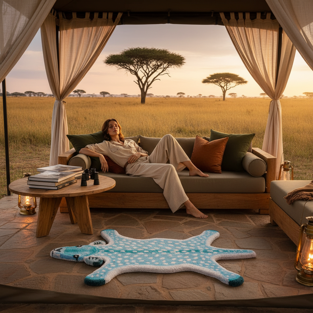 Woman sitting on a couch in a safari lodge and a deer rug, with a scenic view of the savannah.