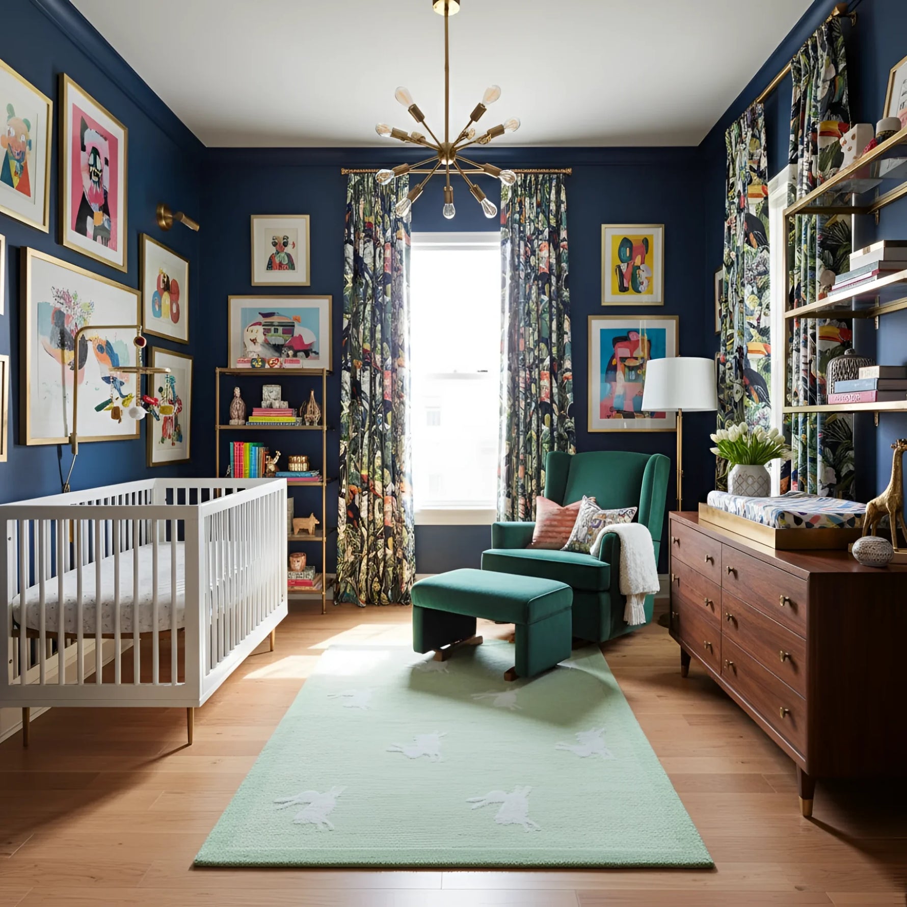 Nursery room with blue walls, rabbit rug, white crib, green armchair, and wooden dresser.