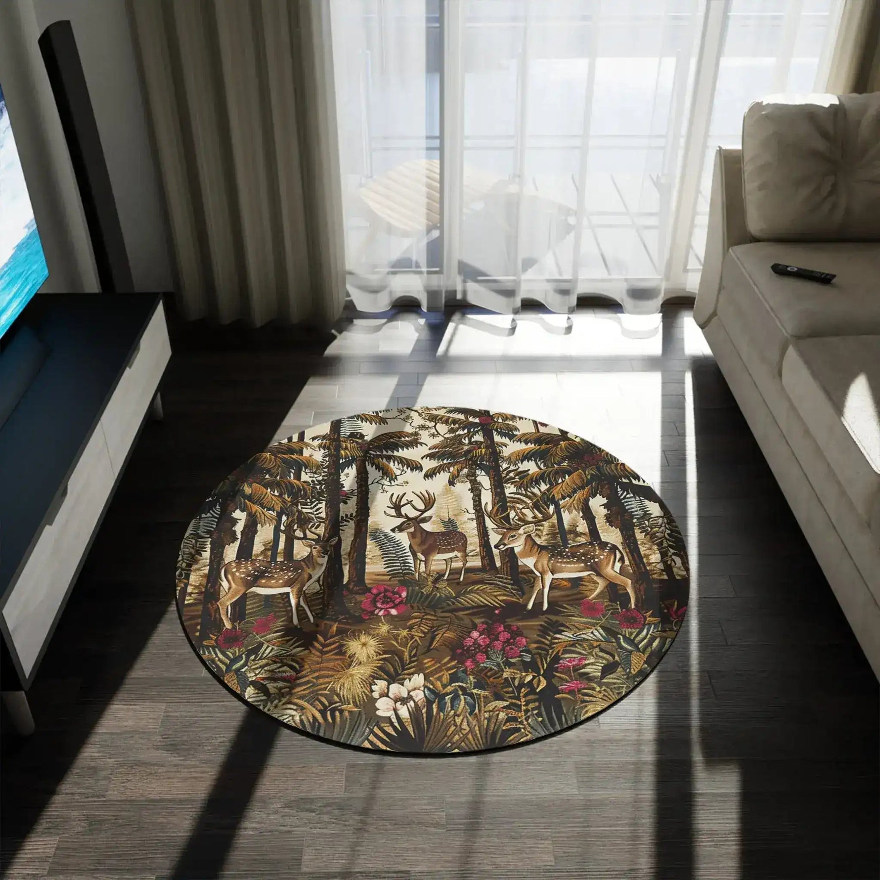 forest deer and tropical flora round rug on dark hardwood floor