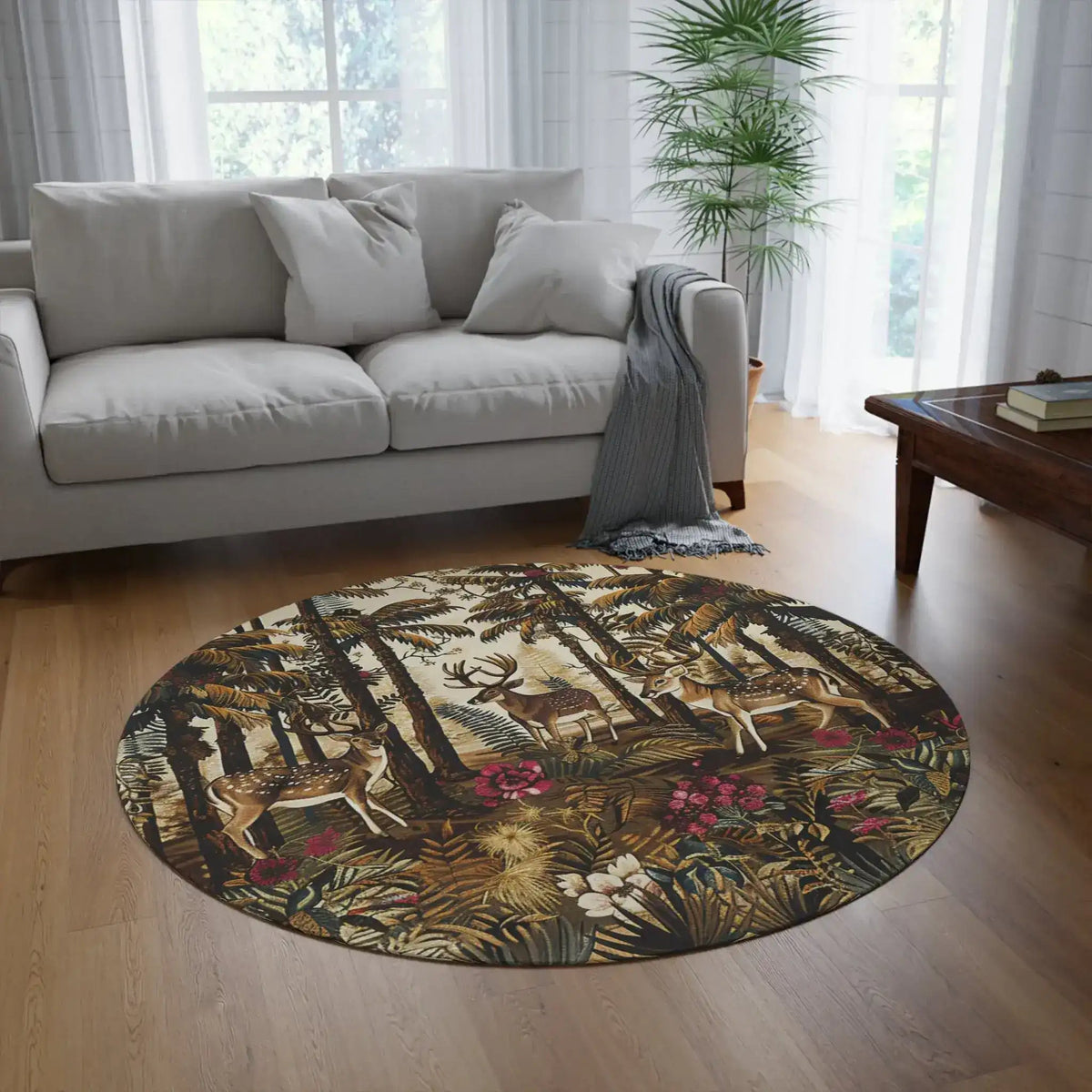 forest deer and tropical flora round rug in white living room with sofa