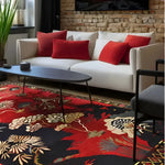 A vibrant and elegant area rug beautifully enhances a cozy living room setting. The wool rug, featuring a stunning floral design in rich reds and deep blues, complements the modern decor. Perfect for those seeking large area rugs for living room spaces, this piece combines the timeless appeal of Persian rugs with contemporary style.