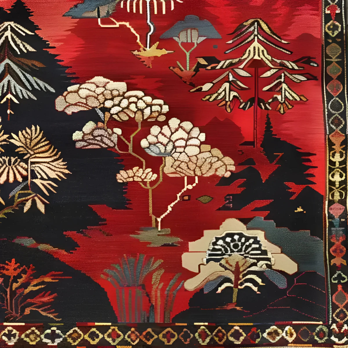 Vibrant Forest Fantasy Medium Hand Knotted Wool Rug featuring intricate floral and tree patterns in rich red, black, and gold tones, ideal for large living rooms. This Persian-inspired wool rug adds a touch of elegance and warmth, perfect for those seeking large area rugs with a floral design.