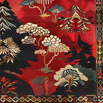 Vibrant Forest Fantasy Medium Hand Knotted Wool Rug featuring intricate floral and tree patterns in rich red, black, and gold tones, ideal for large living rooms. This Persian-inspired wool rug adds a touch of elegance and warmth, perfect for those seeking large area rugs with a floral design.