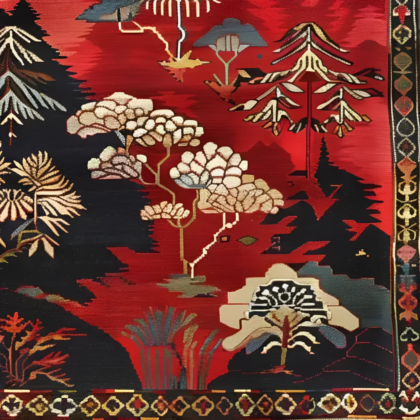 Vibrant Forest Fantasy Medium Hand Knotted Wool Rug featuring intricate floral and tree patterns in rich red, black, and gold tones, ideal for large living rooms. This Persian-inspired wool rug adds a touch of elegance and warmth, perfect for those seeking large area rugs with a floral design.
