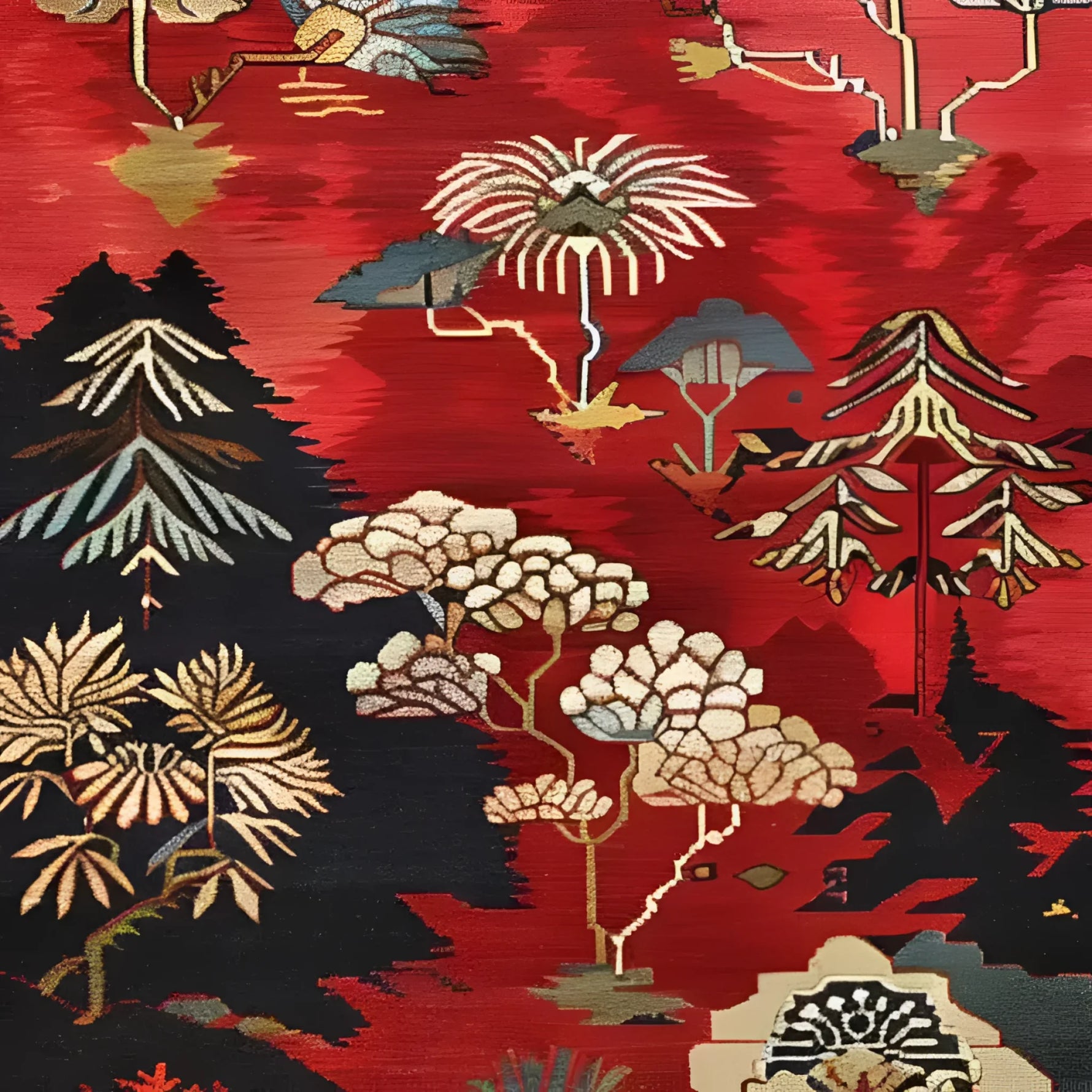 A vibrant Forest Fantasy Medium Hand Knotted Wool Rug featuring a rich red background with intricate floral and tree designs. This large area rug is perfect for a living room, blending the elegance of a Persian rug with the charm of a floral rug. The detailed wool craftsmanship showcases a beautiful tapestry of nature-inspired patterns, making it an ideal choice for those seeking high-quality large area rugs.
