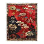 A vibrant, hand-knotted wool area rug showcasing a forest fantasy theme with intricate floral and tree patterns. The large area rug features rich red, blue, and cream colors, making it an ideal choice for a living room centerpiece. This Persian-inspired floral rug combines elegance with a natural touch, perfect for enhancing any space.