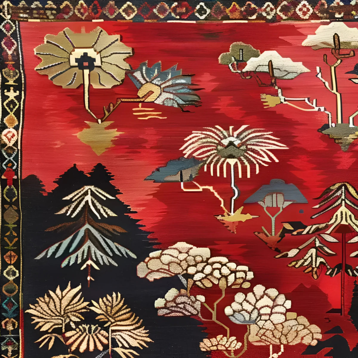 A vibrant Forest Fantasy wool area rug featuring an intricate floral and tree design. This hand-knotted Persian rug in warm red tones, accented with green and beige, showcases the beauty of large area rugs for living rooms. Perfect for adding a touch of nature-inspired elegance to any space.
