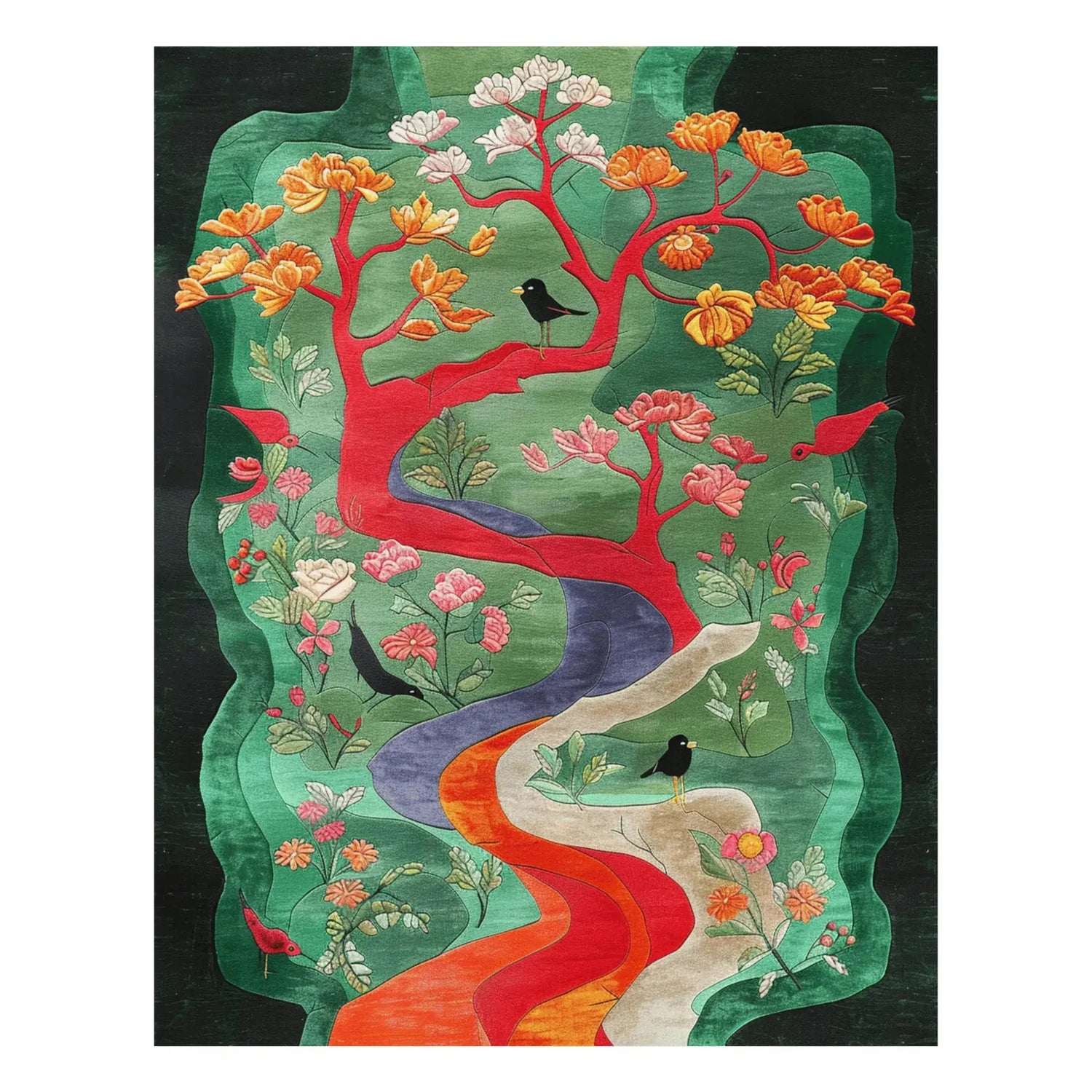 A vibrant Forest Flourish Hand Tufted Area Rug featuring an abstract design with colorful floral patterns and birds, perfect for adding a touch of nature to living room and dining room spaces. Ideal as an Office or dining table rug, this wool rug brings a lively and artistic flair to your decor.