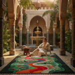 Woman in a beige dress sitting on a colorful rug in a Moroccan-style courtyard with a fountain and columns.