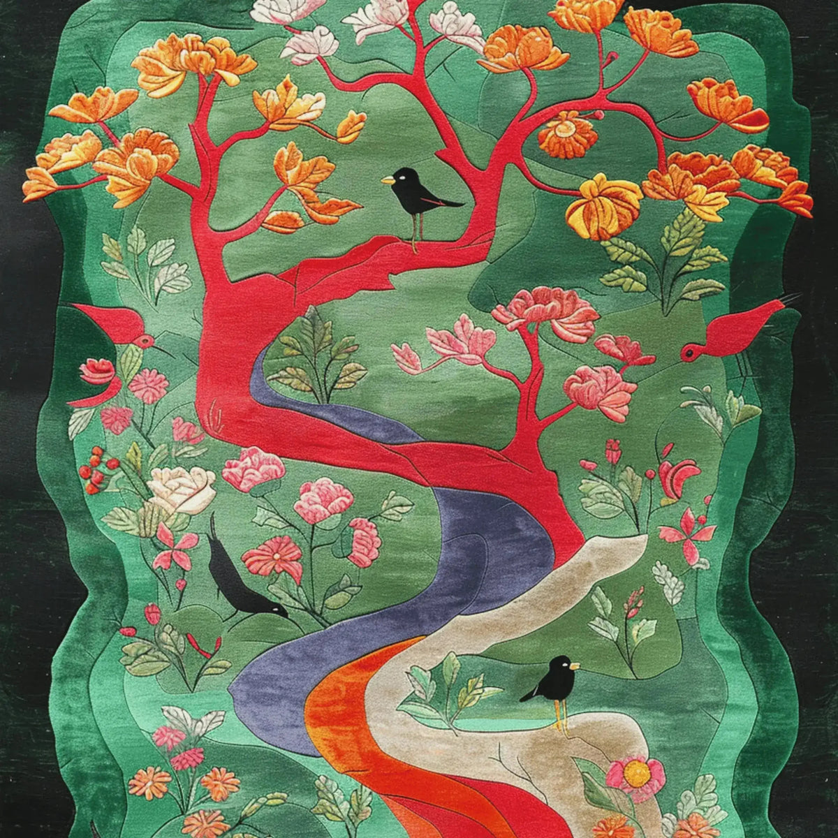 A vibrant hand-tufted area rug with a forest design, featuring colorful flowers and birds on a lush green background. Ideal for living room and dining room settings, this wool rug adds a touch of nature-inspired elegance, perfect as an office or dining table rug.