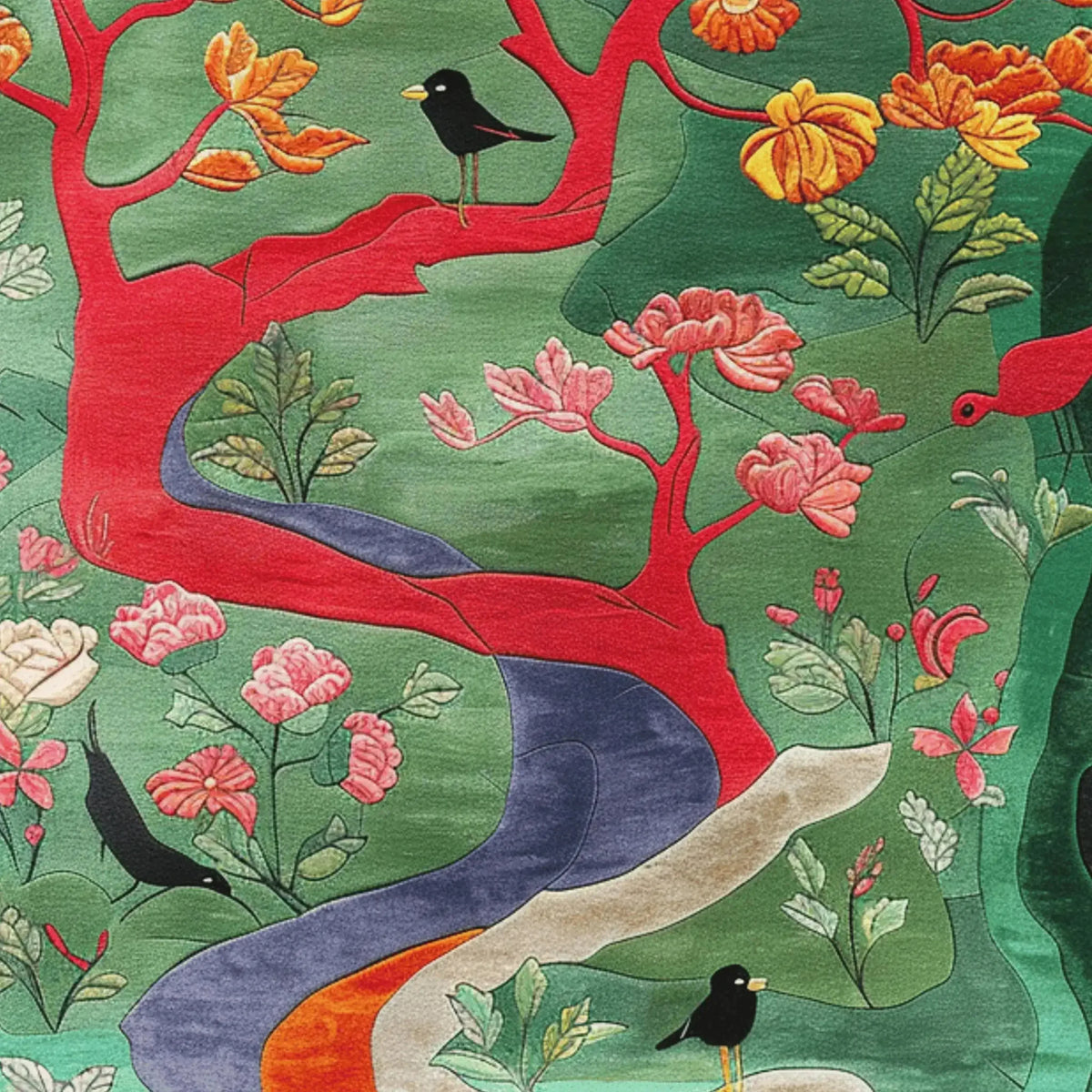 Vibrant Forest Flourish Hand Tufted Area Rug featuring a lush design of red trees, colorful birds, and blooming flowers, perfect for adding a touch of nature to your living room or dining room. The wool rug's intricate patterns and rich colors make it an ideal dining table rug or a stylish addition to your office decor.