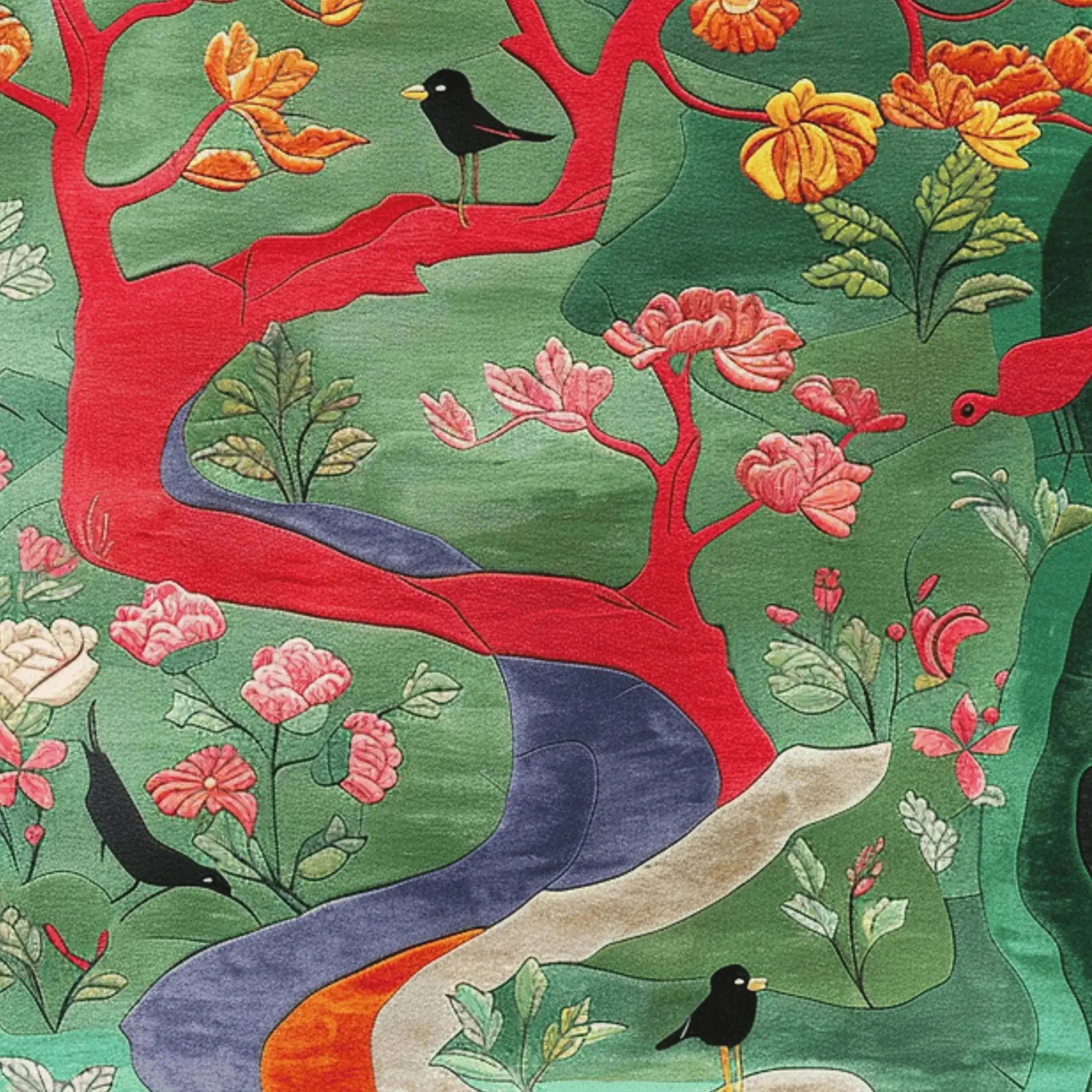 Vibrant Forest Flourish Hand Tufted Area Rug featuring a lush design of red trees, colorful birds, and blooming flowers, perfect for adding a touch of nature to your living room or dining room. The wool rug's intricate patterns and rich colors make it an ideal dining table rug or a stylish addition to your office decor.