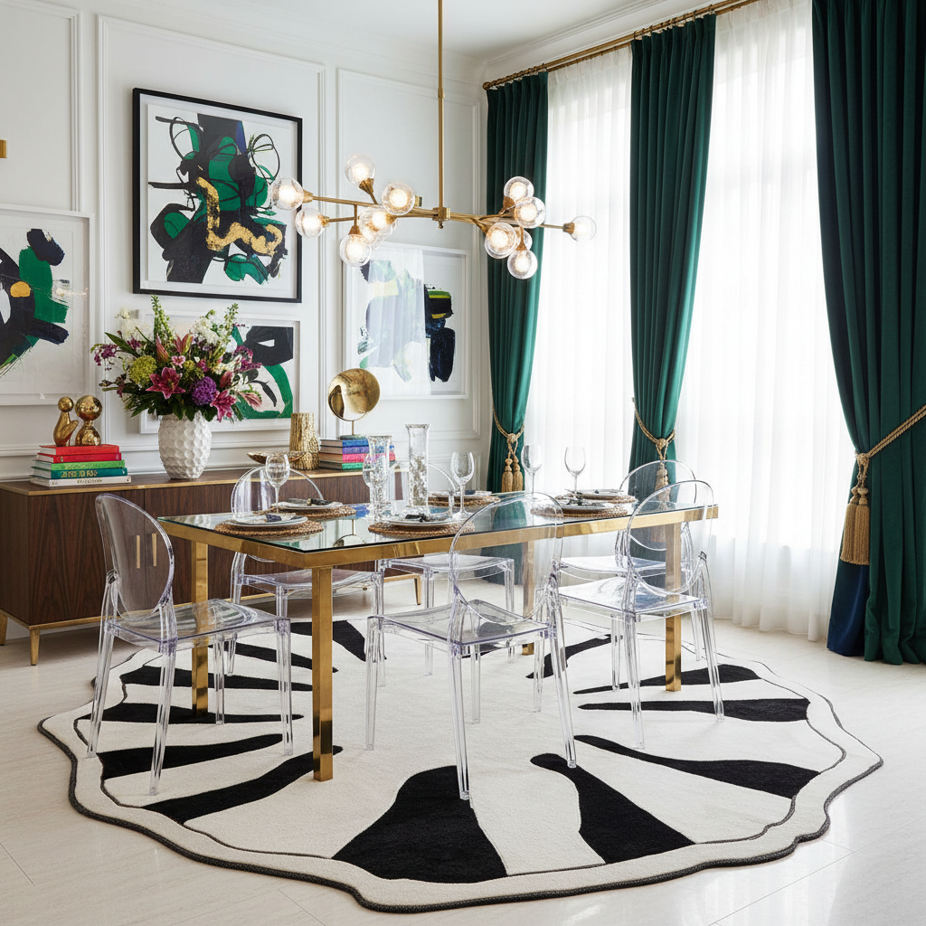 Modern dining room with a wooden table, an abstract round wool rug, clear chairs, and decorative elements.