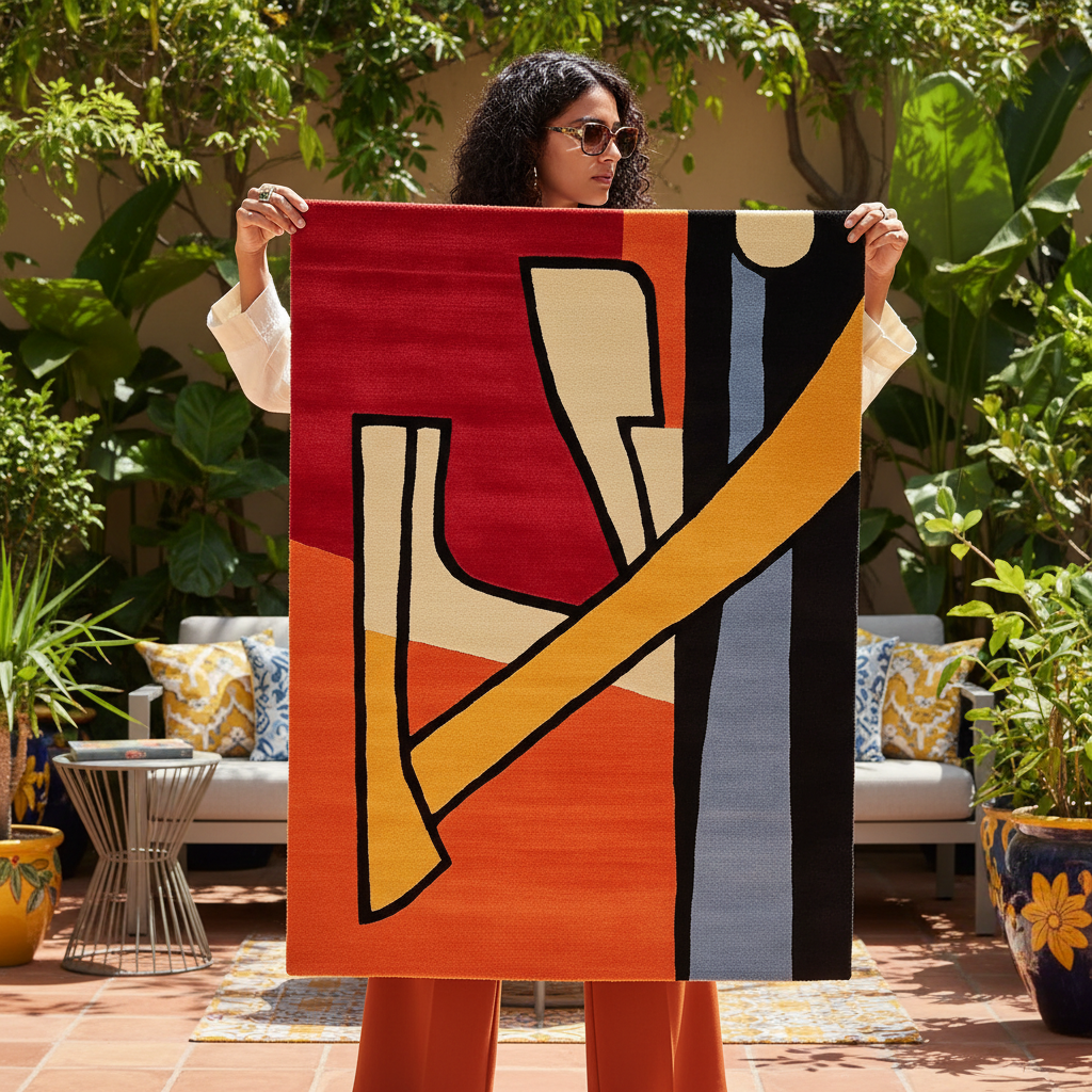 Woman holding a colorful abstract rug in an outdoor setting with plants and furniture.