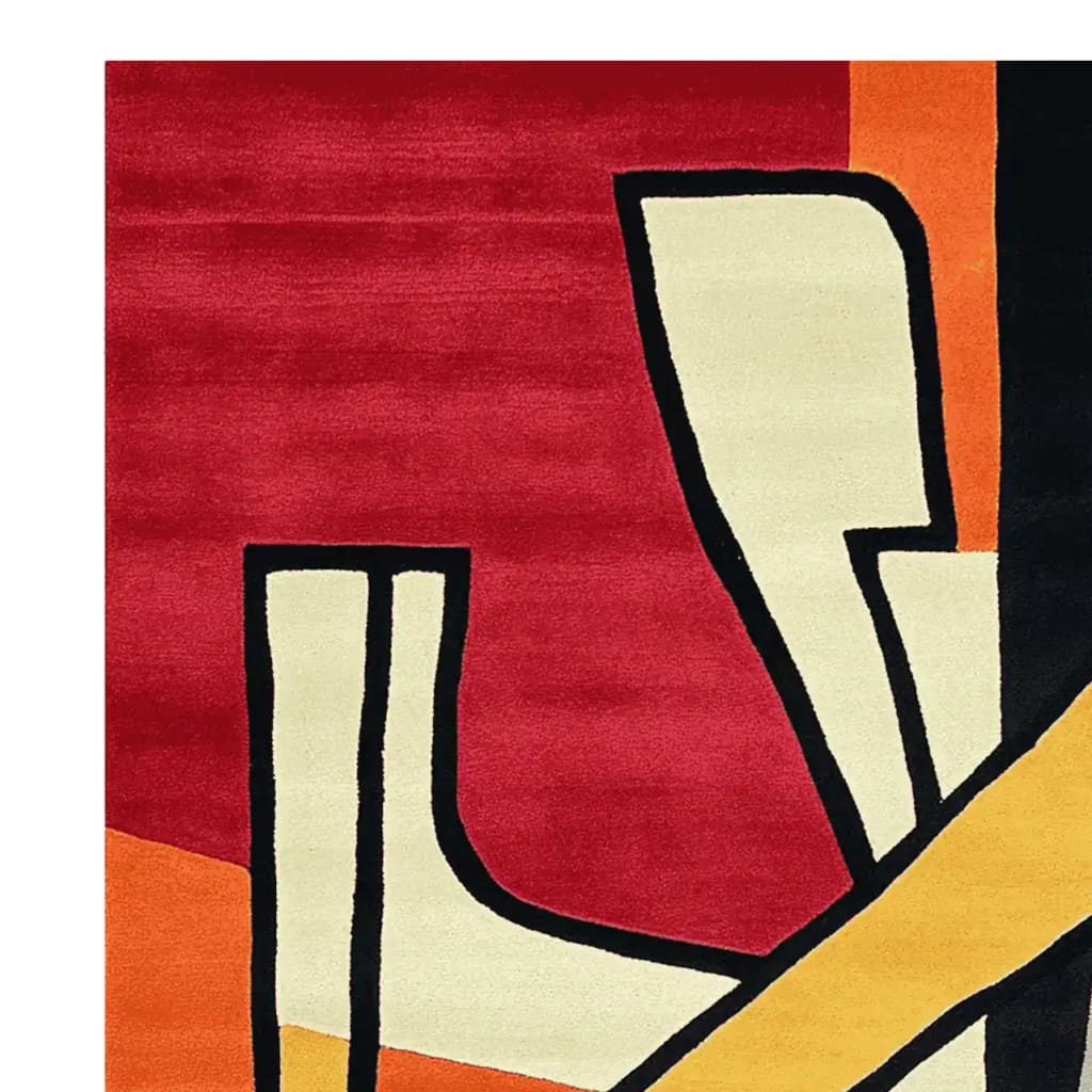 A vibrant contemporary area rug featuring an abstract design with bold red, orange, and cream shapes outlined in black, ideal for adding a modern touch to living room spaces. This wool rug is perfect as an 8x10 area rug for living rooms, offering both style and comfort.