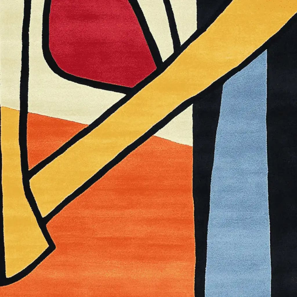 Vibrant wool area rug featuring abstract geometric patterns in red, orange, yellow, blue, and black, perfect for contemporary living rooms. This hand-tufted rug is ideal for adding a pop of color to your space and fits perfectly as an 8x10 living room rug.