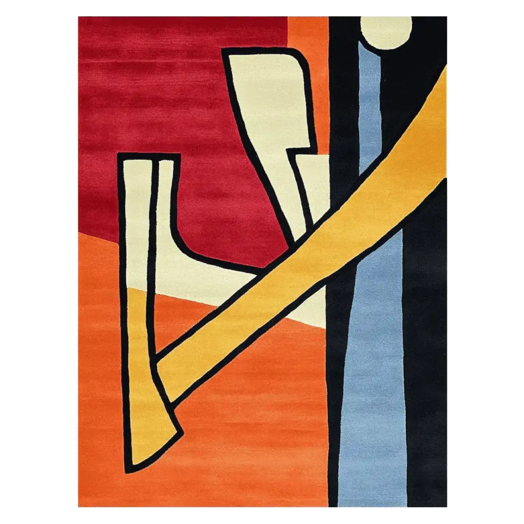 Top view of the Form Break Flux Hand Tufted Area Rug, showcasing its vibrant abstract design with bold geometric patterns in red, orange, blue, and yellow. This contemporary wool rug is perfect for adding a splash of color to area rugs for living room, available in an 8x10 size.