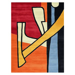 Top view of the Form Break Flux Hand Tufted Area Rug, showcasing its vibrant abstract design with bold geometric patterns in red, orange, blue, and yellow. This contemporary wool rug is perfect for adding a splash of color to area rugs for living room, available in an 8x10 size.
