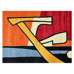 Vibrant Form Break Flux hand tufted area rug featuring bold abstract patterns in shades of orange, red, yellow, and blue. This contemporary wool rug is perfect for adding a splash of color to your living room. Ideal as a living room rug in an 8x10 size, it combines artistic design with comfort.