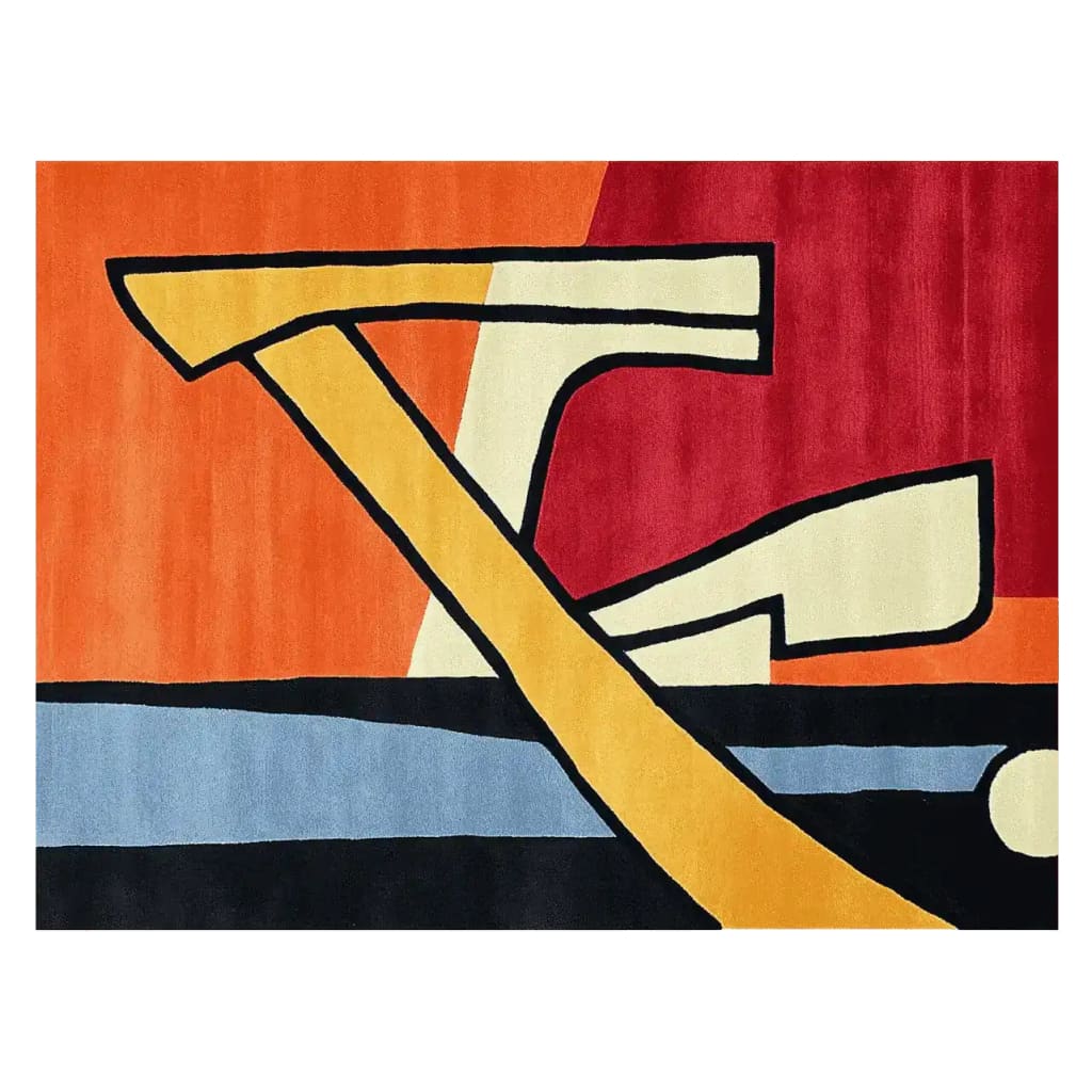 Vibrant Form Break Flux hand tufted area rug featuring bold abstract patterns in shades of orange, red, yellow, and blue. This contemporary wool rug is perfect for adding a splash of color to your living room. Ideal as a living room rug in an 8x10 size, it combines artistic design with comfort.