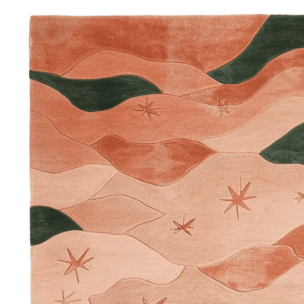This image showcases a contemporary area rug with an abstract wave pattern in warm terracotta and deep green hues. The wool rug features star-like designs and is ideal for adding a modern touch to large living room spaces.
