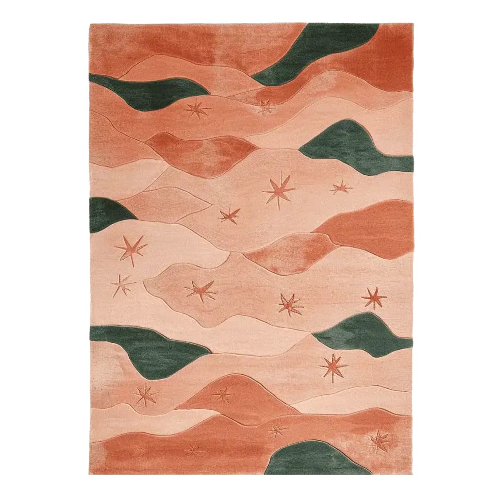 A beautifully designed area rug featuring a contemporary abstract pattern with flowing lines in warm earth tones and dark green accents. This wool rug is perfect for adding a touch of elegance to large living rooms, providing both comfort and style.