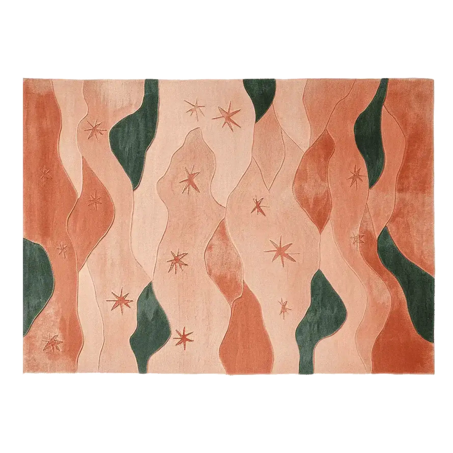 A stunning area rug featuring an abstract design with flowing curves in earthy tones of terracotta, beige, and green, accented by star-like patterns. This contemporary wool rug is perfect for large living rooms, adding a touch of elegance and warmth.