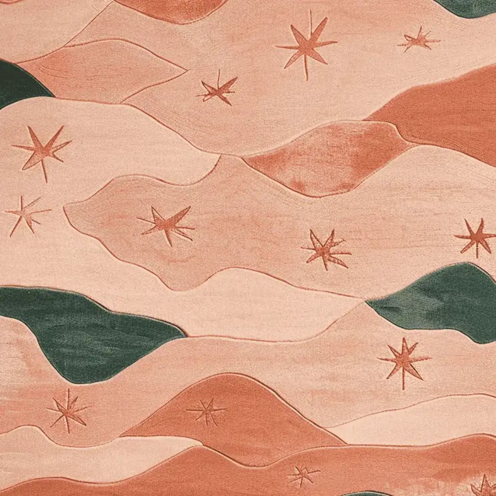 This contemporary area rug showcases an intricate hand-tufted design with earthy tones and abstract star patterns, perfect for adding a stylish touch to your living room. Crafted from high-quality wool, this large living room rug is both durable and elegant.