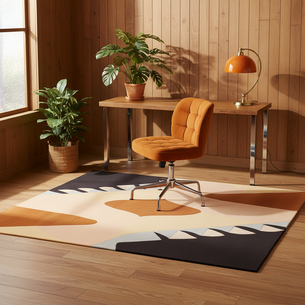 Modern office space with a desk, chair, and decorative rug.