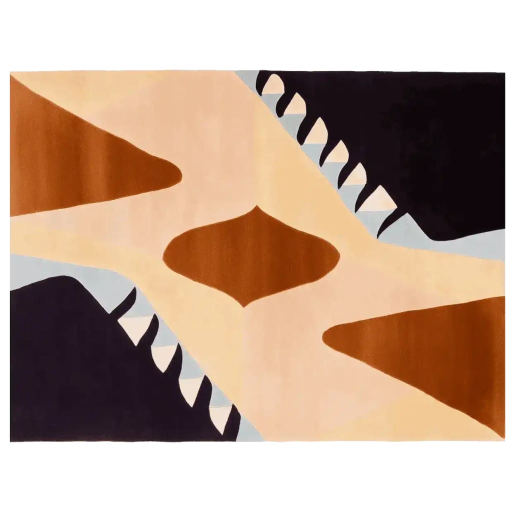 A contemporary area rug with an abstract design featuring warm earthy tones and bold geometric shapes. This wool rug showcases a striking pattern ideal for large living room spaces, adding a modern touch to any decor.