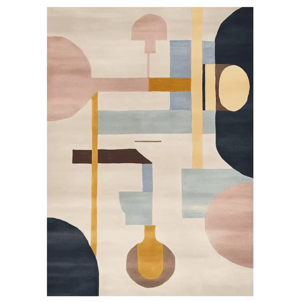 The Form Line Harmony Hand Tufted Rug showcases an abstract modern design with a blend of geometric shapes and earthy tones, perfect for adding a contemporary touch to any living room. This 8x10 wool area rug combines style and comfort, making it an ideal choice for living room area rugs.