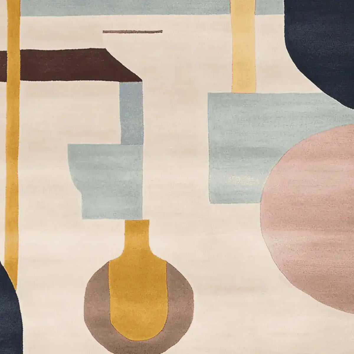 This contemporary area rug showcases an artistic blend of abstract geometric shapes in soothing tones of cream, blue, and pink, ideal for enhancing your living room space. Crafted from high-quality wool, this hand tufted rug measures 8x10, making it a perfect centerpiece for a modern living room.