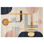 Contemporary area rug featuring an abstract design with geometric shapes in soft hues of blue, pink, and mustard. Perfect wool rug for enhancing the style of living room spaces, available in 8x10 size for a cozy and artistic touch.