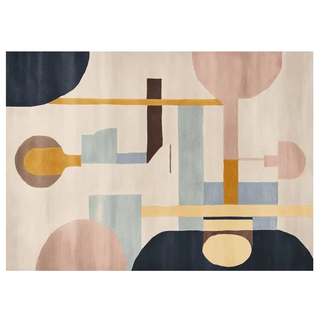 Contemporary area rug featuring an abstract design with geometric shapes in soft hues of blue, pink, and mustard. Perfect wool rug for enhancing the style of living room spaces, available in 8x10 size for a cozy and artistic touch.