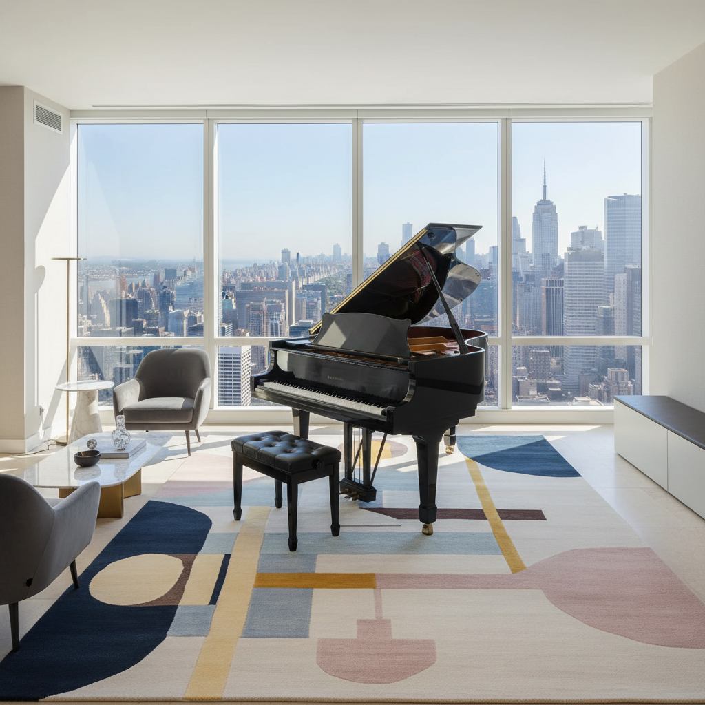Grand piano in a modern living room with a contemporary rug, with city skyline view