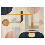 Contemporary area rug featuring an abstract design with geometric shapes in soft hues of blue, pink, and mustard. Perfect wool rug for enhancing the style of living room spaces, available in 8x10 size for a cozy and artistic touch.