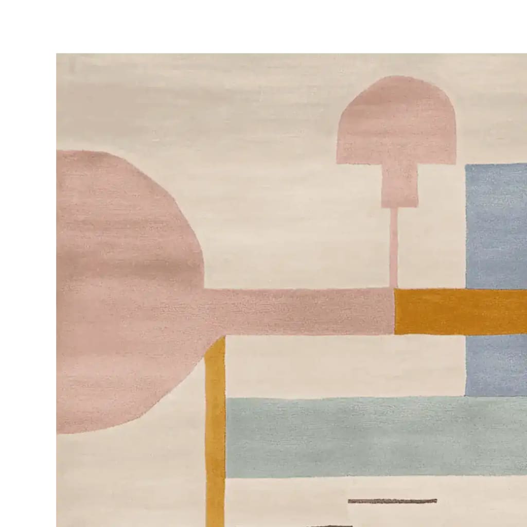 This area rug showcases a contemporary abstract design with soft pastel hues, featuring a mix of pink, blue, and mustard tones. Perfect for adding a modern touch to any living room, this wool rug is available in an 8x10 size, making it a stylish and cozy addition to your living space.